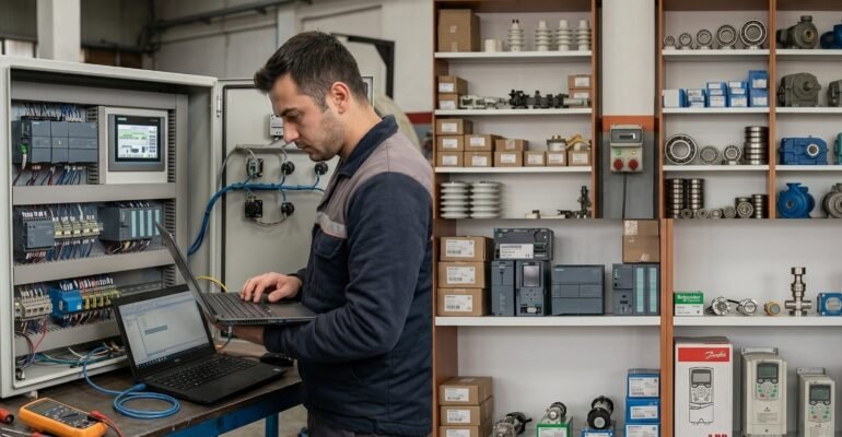 bir mühendisin PLC panosu önünde dizüstü bilgisayarla programlama yaptığı, raflarda otomasyon ürünlerinin ve sistemlerin görüldüğü bir görseldir.